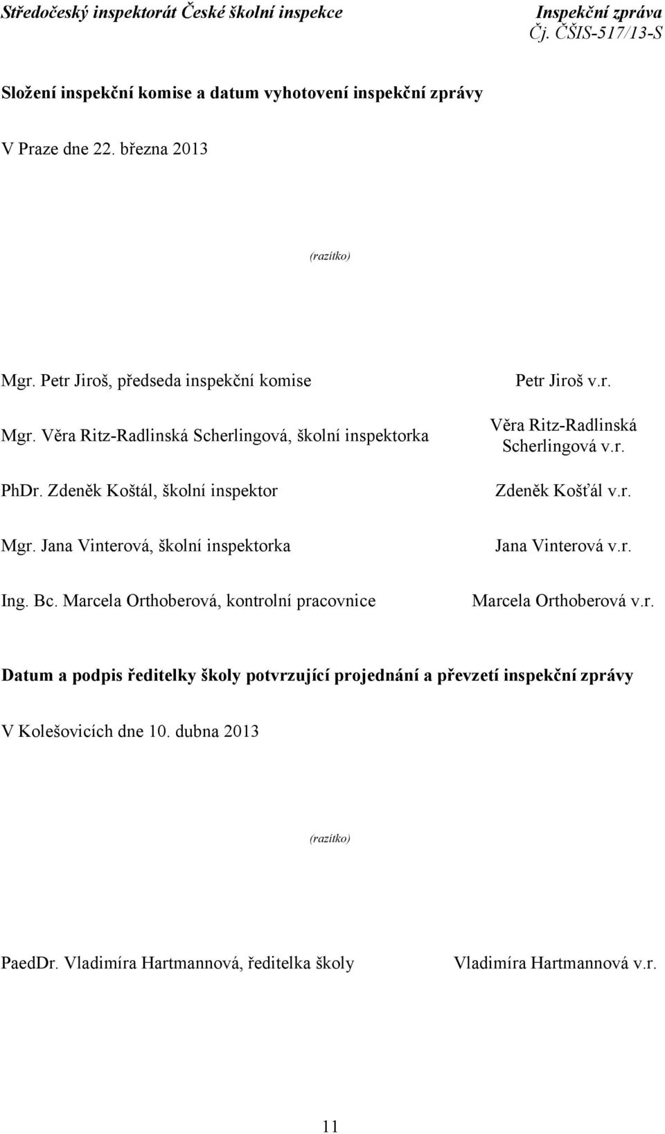 Jana Vinterová, školní inspektorka Jana Vinterová v.r. Ing. Bc. Marcela Orthoberová, kontrolní pracovnice Marcela Orthoberová v.r. Datum a podpis ředitelky školy potvrzující projednání a převzetí inspekční zprávy V Kolešovicích dne 10.