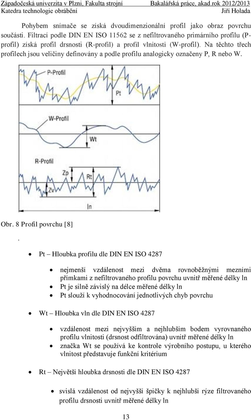 Na těchto třech profilech jsou veličiny definovány a podle profilu analogicky označeny P, R nebo W. Obr. 8 Profil povrchu [8].