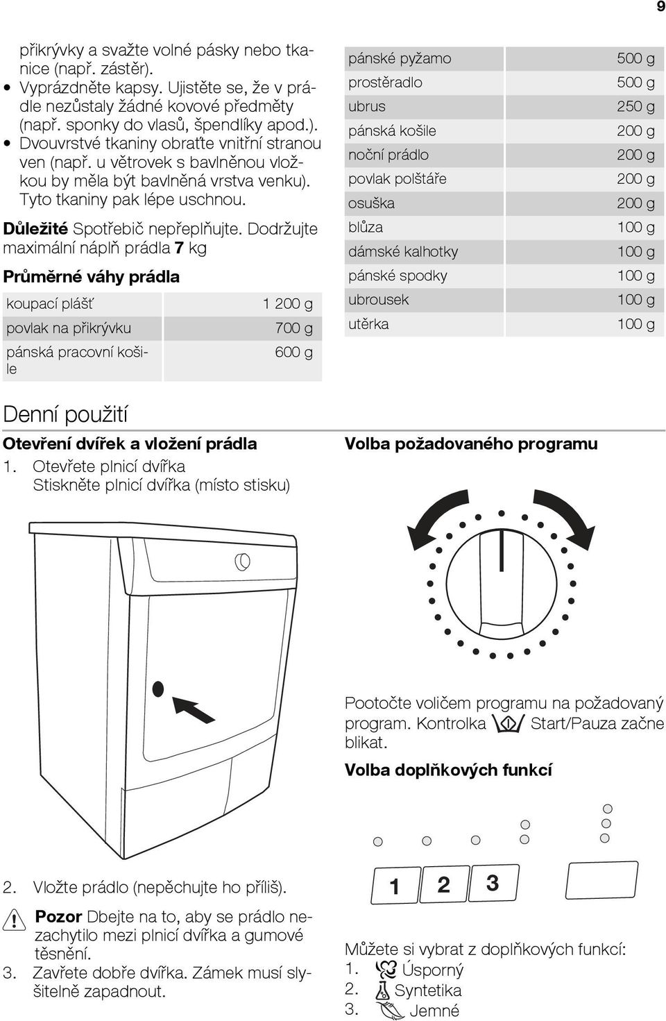 Dodržujte maximální náplň prádla 7 kg Průměrné váhy prádla koupací plášť povlak na přikrývku pánská pracovní košile Denní použití 1 200 g Otevření dvířek a vložení prádla 1.