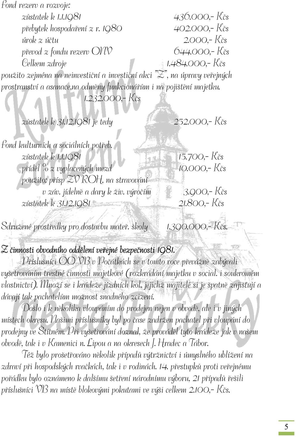 1981 je tedy Fond kulturních a sociálních potřeb. zůstatek k 1.1.1981 příděl % z vyplacených mezd použito: přísp ZV ROH, na stravování v záv. jídelně a dary k živ. výročím zůstatek k 31.12.