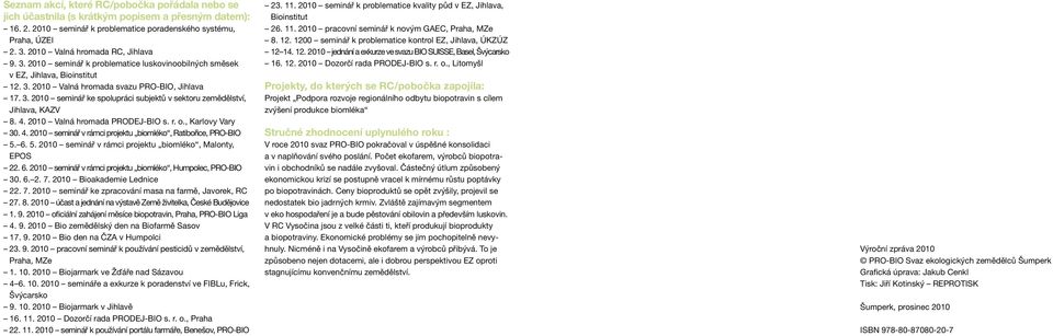 4. 2010 Valná hromada PRODEJ-BIO s. r. o., Karlovy Vary 30. 4. 2010 seminář v rámci projektu biomléko, Ratibořice, PRO-BIO 5. 6. 5. 2010 seminář v rámci projektu biomléko, Malonty, EPOS 22. 6. 2010 seminář v rámci projektu biomléko, Humpolec, PRO-BIO 30.