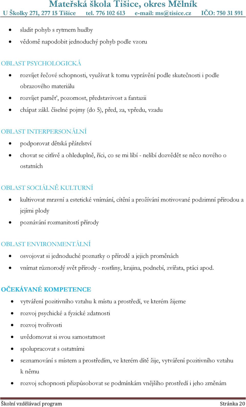 číselné pojmy (do 5), před, za, vpředu, vzadu OBLAST INTERPERSONÁLNÍ podporovat dětská přátelství chovat se citlivě a ohleduplně, říci, co se mi líbí - nelíbí dozvědět se něco nového o ostatních