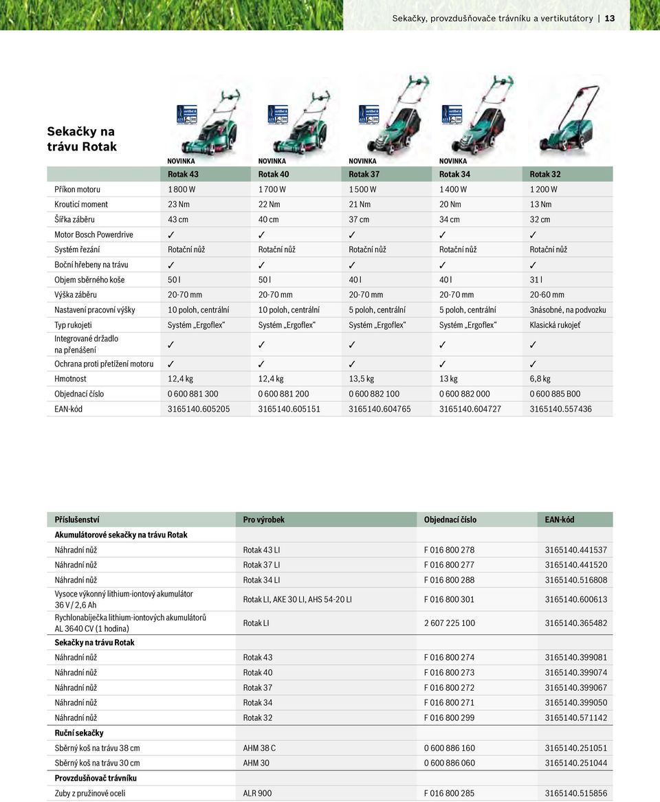 hřebeny na trávu Objem sběrného koše 50 l 50 l 40 l 40 l 31 l Výška záběru 20-70 mm 20-70 mm 20-70 mm 20-70 mm 20-60 mm Nastavení pracovní výšky 10 poloh, centrální 10 poloh, centrální 5 poloh,