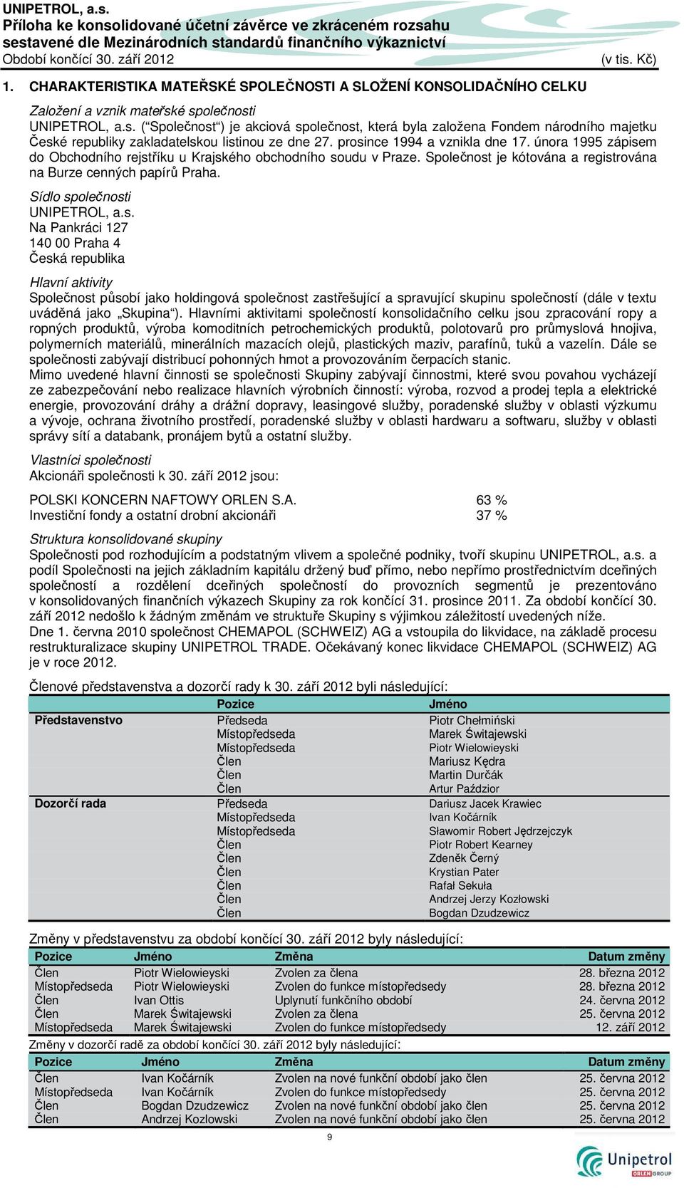 é společnosti UNIPETROL, a.s. ( Společnost ) je akciová společnost, která byla založena Fondem národního majetku České republiky zakladatelskou listinou ze dne 27. prosince 1994 a vznikla dne 17.