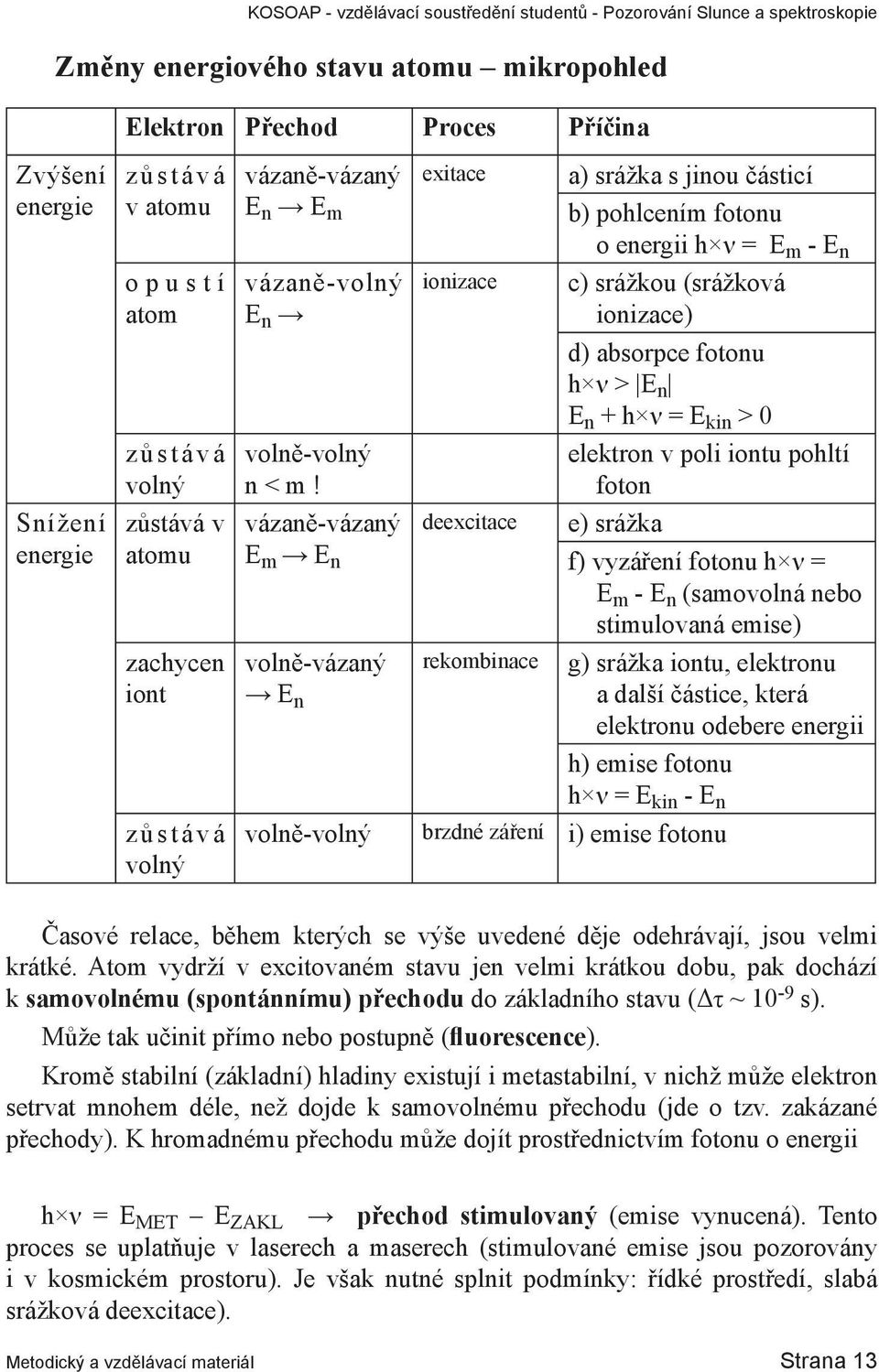 ionizace c) srážkou (srážková ionizace) d) absorpce fotonu h ν > E n E n + h ν = E kin > 0 elektron v poli iontu pohltí foton vázaně-vázaný E m E n deexcitace e) srážka f) vyzáření fotonu h ν = E m -