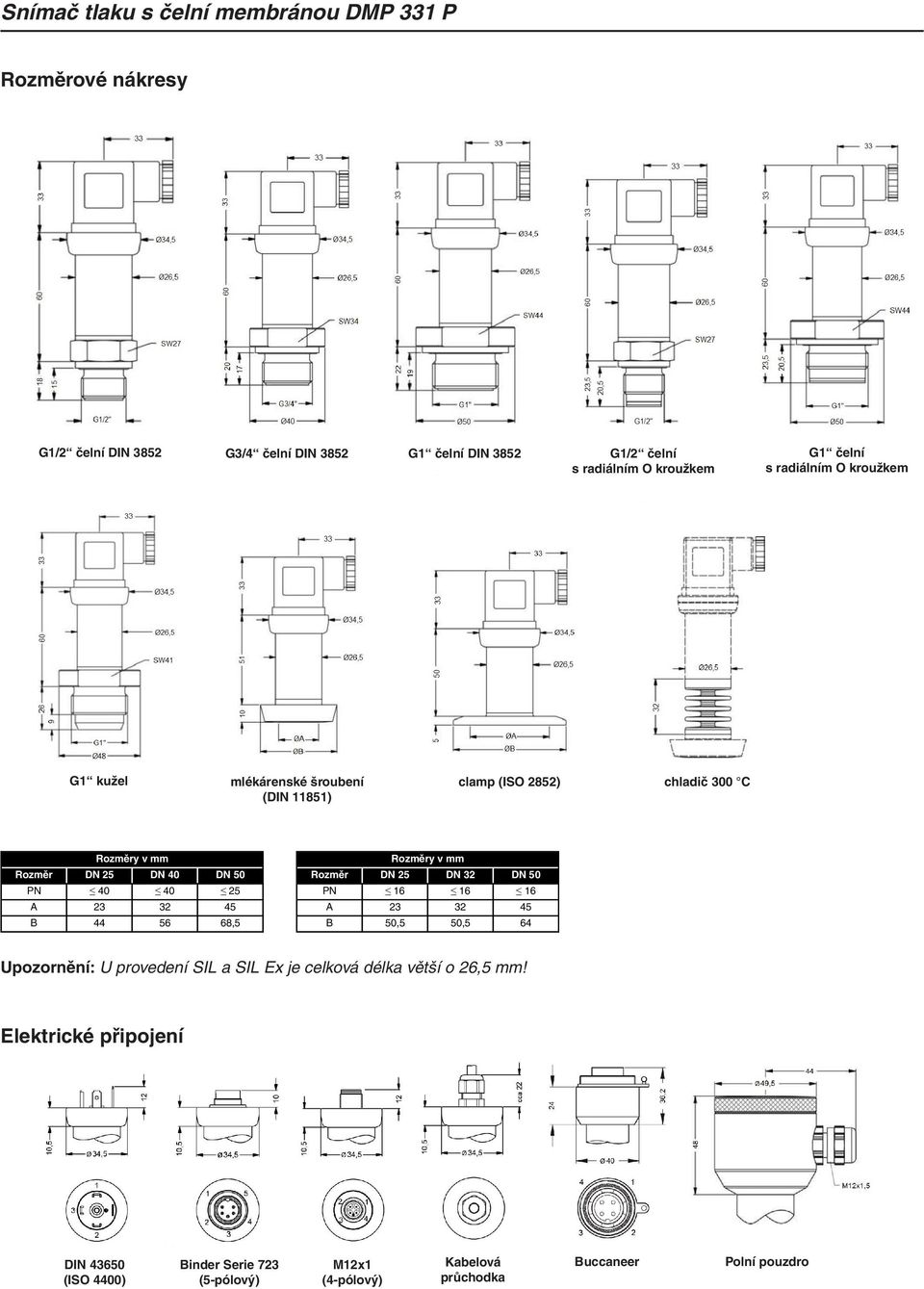 32 DN 50 PN 40 40 25 PN 16 16 16 A 23 32 45 A 23 32 45 B 44 56 68,5 B 50,5 50,5 64 Upozornění: U provedení SIL a SIL Ex je celková délka