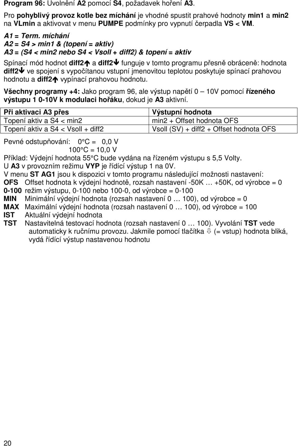 míchání A2 = S4 > min1 & (topení = aktiv) A3 = (S4 < min2 nebo S4 < Vsoll + diff2) & topení = aktiv Spínací mód hodnot diff2 a diff2 funguje v tomto programu přesně obráceně: hodnota diff2 ve spojení