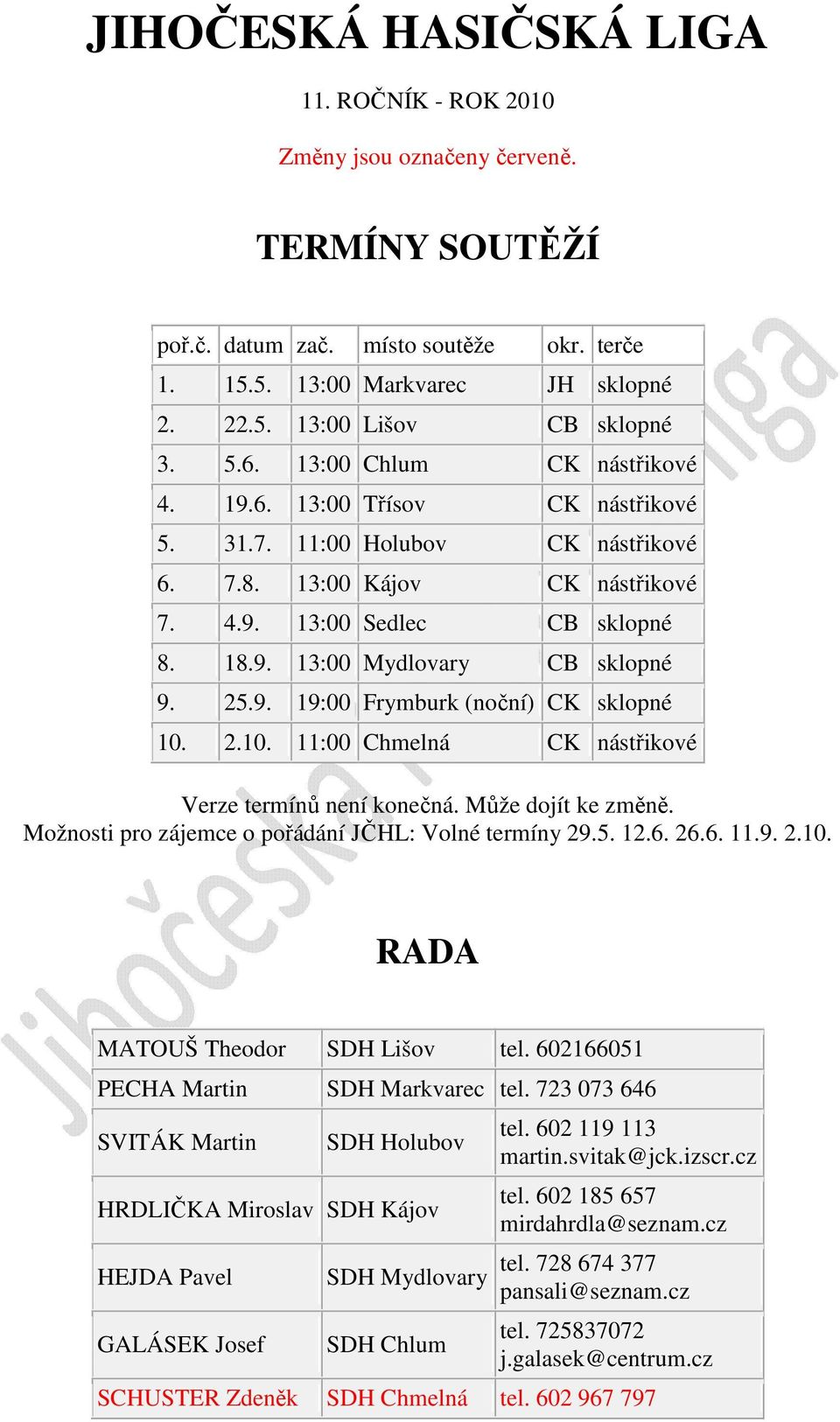 25.9. 19:00 Frymburk (noční) CK sklopné 10. 2.10. 11:00 Chmelná CK nástřikové Verze termínů není konečná. Může dojít ke změně. Možnosti pro zájemce o pořádání JČHL: Volné termíny 29.5. 12.6. 26.6. 11.9. 2.10. RADA MATOUŠ Theodor SDH Lišov tel.