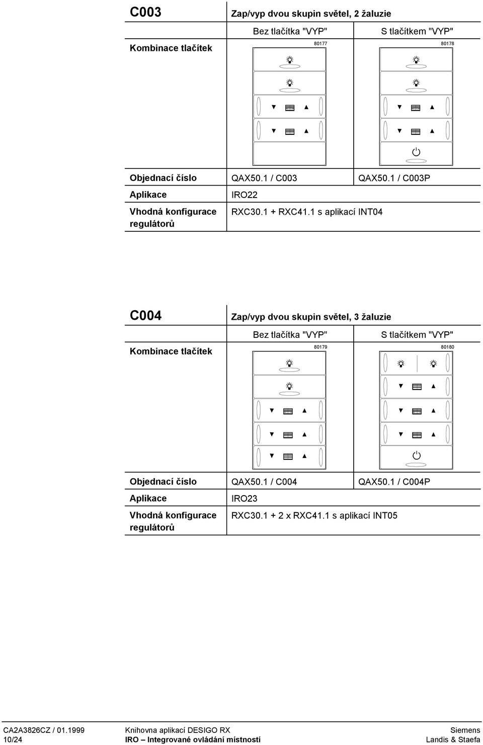 1 s aplikací INT04 C004 Zap/vyp dvou skupin světel, 3 žaluzie 80179 80180 Objednací číslo QAX50.