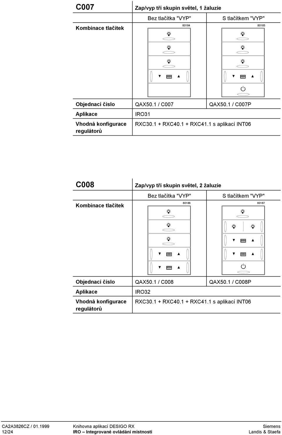 1 s aplikací INT06 C008 Zap/vyp tří skupin světel, 2 žaluzie 80186 80187 Objednací číslo QAX50.