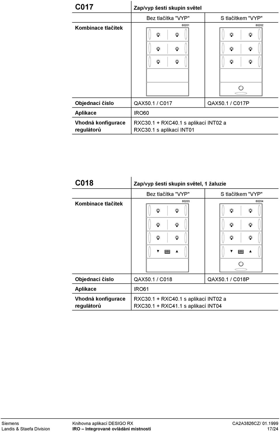 1 s aplikací INT01 C018 Zap/vyp šesti skupin světel, 1 žaluzie 80203 80204 Objednací číslo QAX50.1 / C018 QAX50.