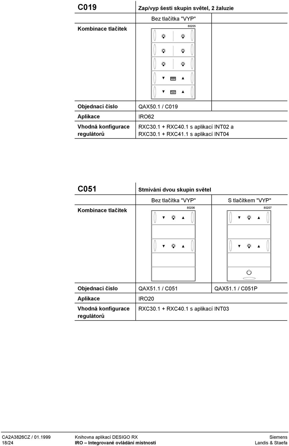 1 s aplikací INT04 C051 Stmívání dvou skupin světel 80206 80207 Objednací číslo QAX51.1 / C051 QAX51.