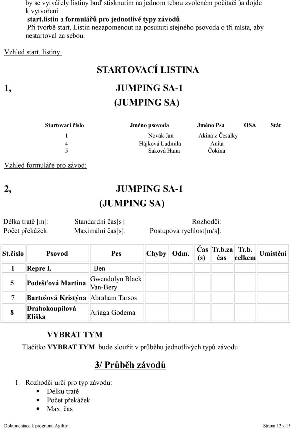 listiny: STARTOVACÍ LISTINA 1, JUMPING SA-1 (JUMPING SA) Startovací číslo Jméno psovoda Jméno Psa OSA Stát Vzhled formuláře pro závod: 1 Novák Jan Akina z Česalky 4 Hájková Ludmila Anita 5 Saková