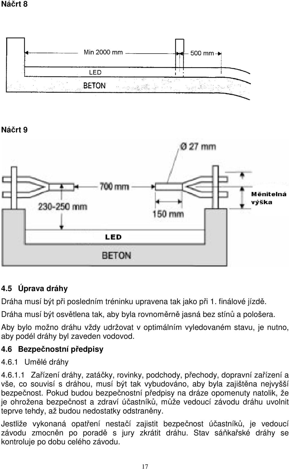 Umělé dráhy 4.6.1.1 Zařízení dráhy, zatáčky, rovinky, podchody, přechody, dopravní zařízení a vše, co souvisí s dráhou, musí být tak vybudováno, aby byla zajištěna nejvyšší bezpečnost.