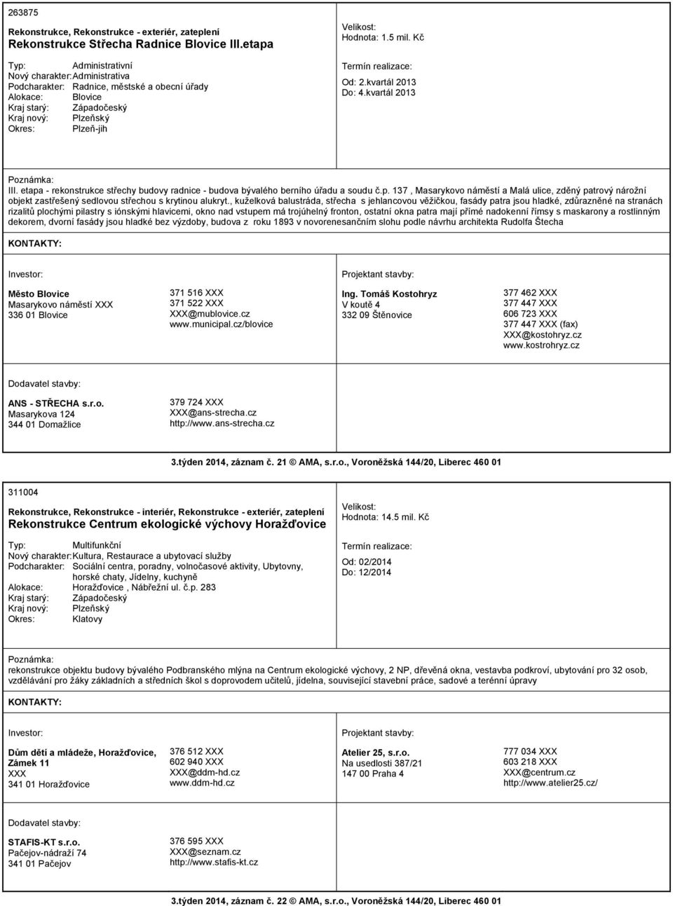 etapa - rekonstrukce střechy budovy radnice - budova bývalého berního úřadu a soudu č.p. 137, Masarykovo náměstí a Malá ulice, zděný patrový nárožní objekt zastřešený sedlovou střechou s krytinou alukryt.