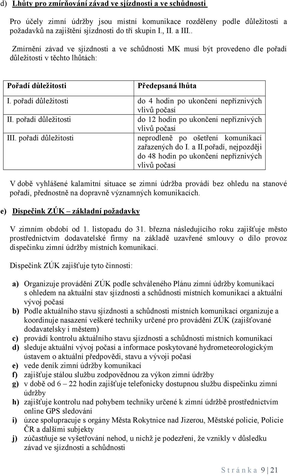 pořadí důležitosti do 4 hodin po ukončení nepříznivých vlivů počasí II. pořadí důležitosti do 12 hodin po ukončení nepříznivých vlivů počasí III.