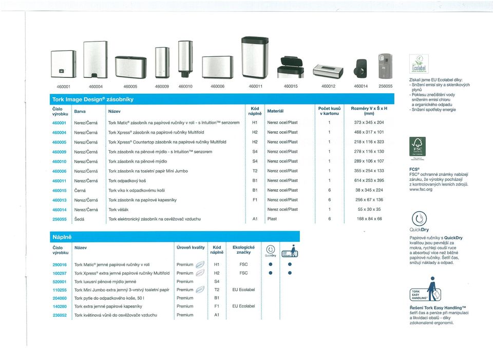 ruční<y v roli - 5 lntuitiontm senzorem Hl Nerez ocel/plast 373 x 345 x 204 460004 Nerez/Černá Tork Xpress zásobnik na papírové ručnfl<y Multifold H2 Nerez ocel/plast 468x317x101 460005 Nerez/Černá