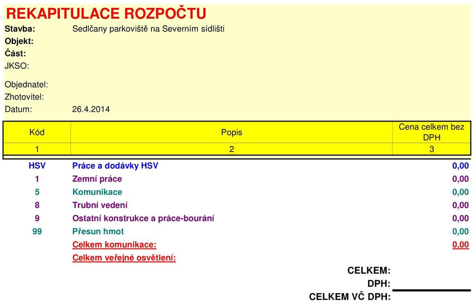 2014 Kód Popis Cena celkem bez DPH 1 2 3 HSV Práce a dodávky HSV 0,00 1 Zemní práce 0,00 5
