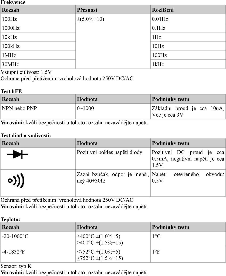 Test diod a vodivosti: Rozsah Hodnota Podmínky testu Pozitivní pokles napětí diody Zazní bzučák, odpor je menší, neý 40±30Ω Pozitivní DC proud je cca 0.5mA, negativní napětí je cca 1.5V.