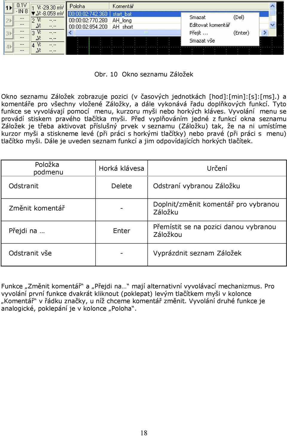 Před vyplňováním jedné z funkcí okna seznamu Záložek je třeba aktivovat příslušný prvek v seznamu (Záložku) tak, že na ni umístíme kurzor myši a stiskneme levé (při práci s horkými tlačítky) nebo