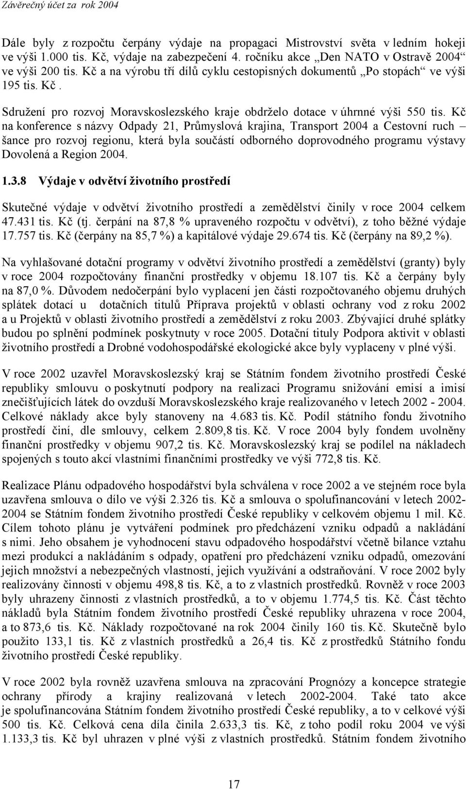 Kč na konference s názvy Odpady 21, Průmyslová krajina, Transport 2004 a Cestovní ruch šance pro rozvoj regionu, která byla součástí odborného doprovodného programu výstavy Dovolená a Region 2004. 1.