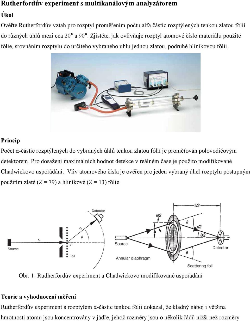 Pincip Počet α-částic ozptýlených do vybaných úhlů tenkou zlatou fólií je poměřován polovodičovým detektoem.