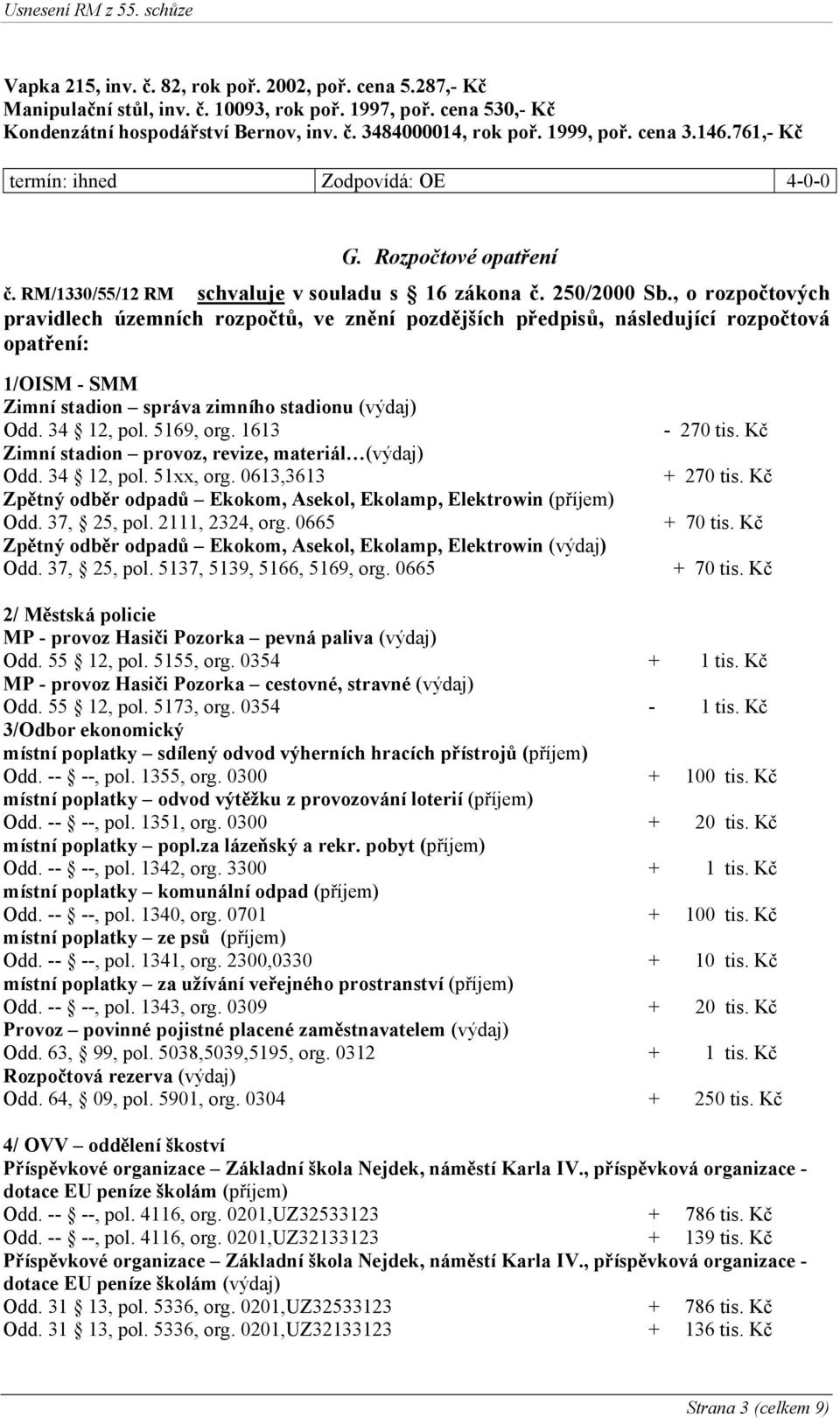 , o rozpočtových pravidlech územních rozpočtů, ve znění pozdějších předpisů, následující rozpočtová opatření: 1/OISM - SMM Zimní stadion správa zimního stadionu (výdaj) Odd. 34 12, pol. 5169, org.