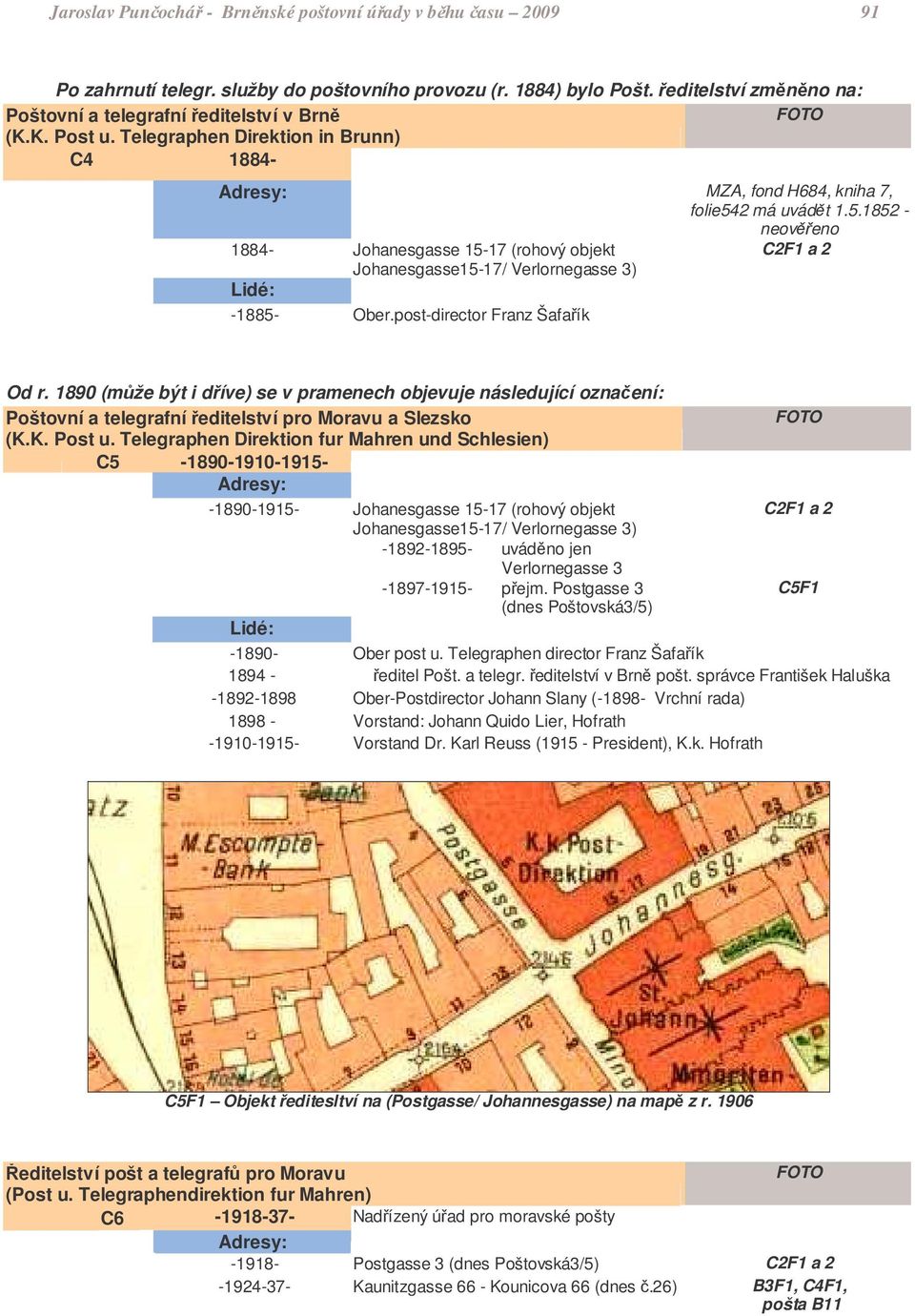 post-director Franz Šafaík Od r. 1890 (mže být i díve) se v pramenech objevuje následující oznaení: Poštovní a telegrafní editelství pro Moravu a Slezsko (K.K. Post u.