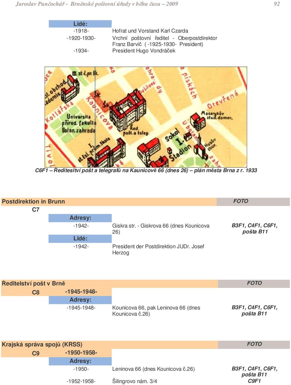 1933 Postdirektion in Brunn C7-1942- Giskra str. - Giskrova 66 (dnes Kounicova 26) -1942- President der Postdirektion JUDr.