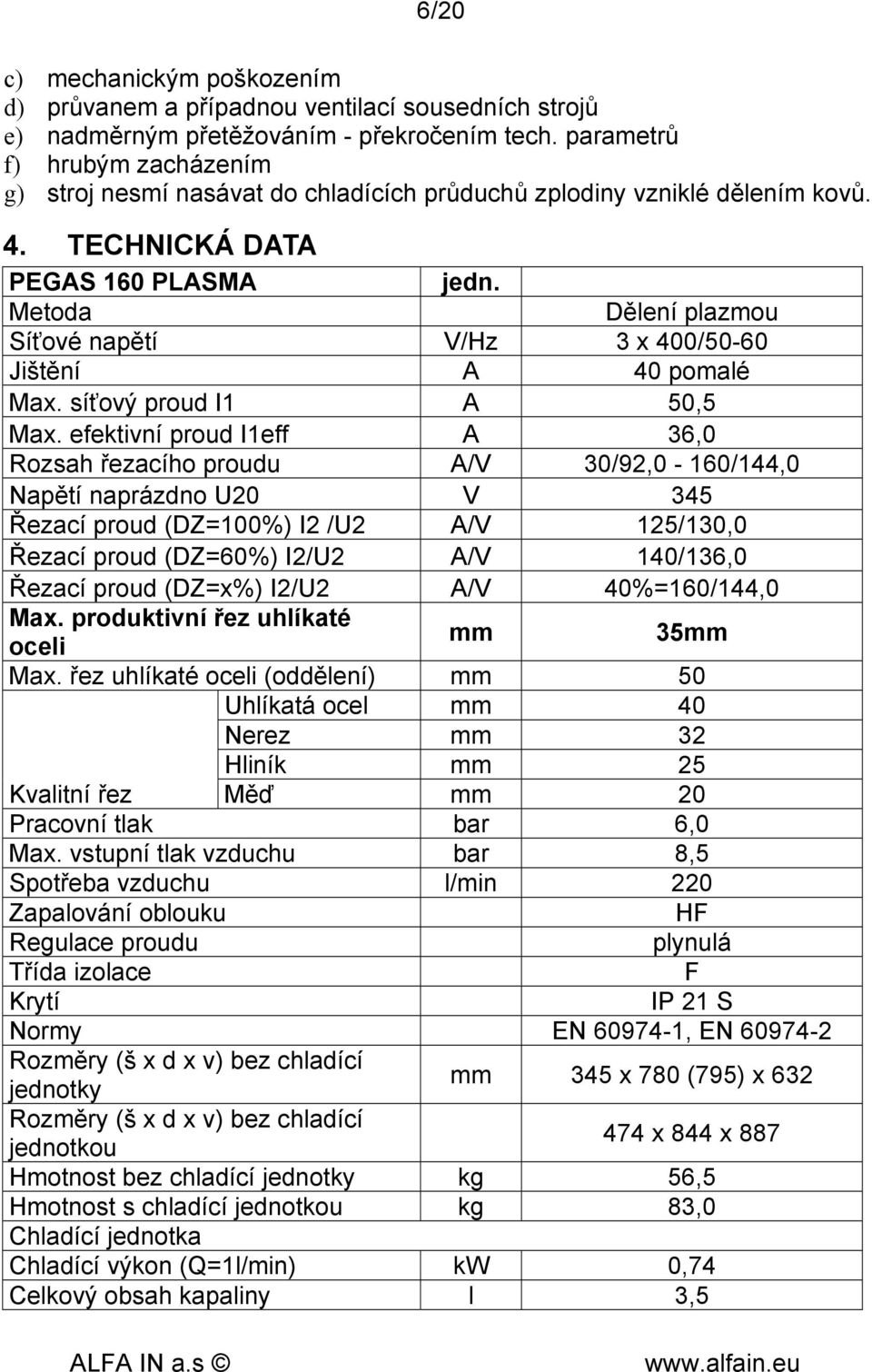 Metoda Dělení plazmou Síťové napětí V/Hz 3 x 400/50-60 Jištění A 40 pomalé Max. síťový proud I1 A 50,5 Max.