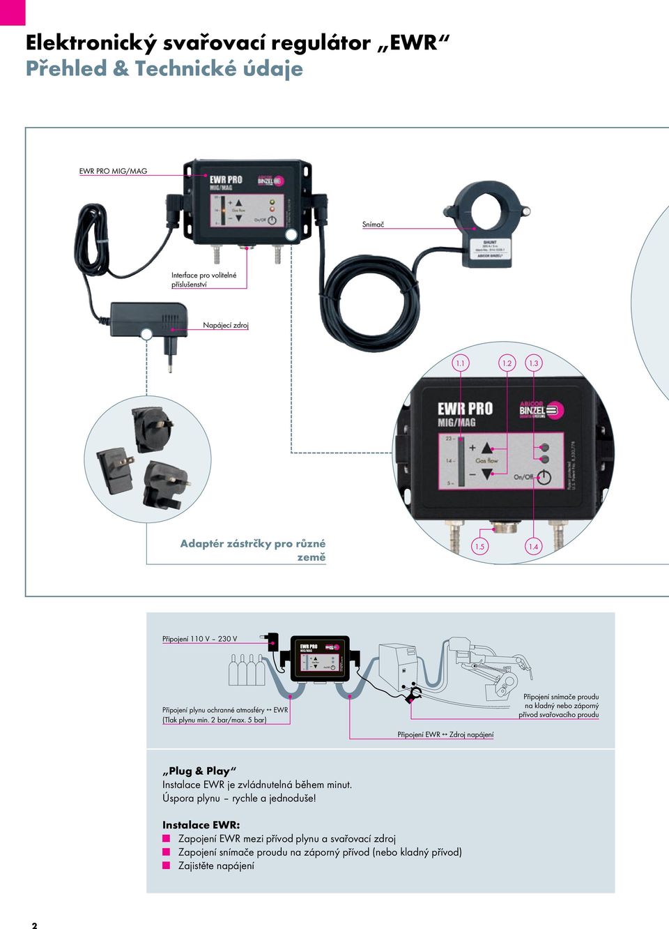 5 bar) Připojení EWR Zdroj napájení Připojení snímače proudu na kladný nebo záporný přívod svařovacího proudu Plug & Play Instalace EWR je zvládnutelná