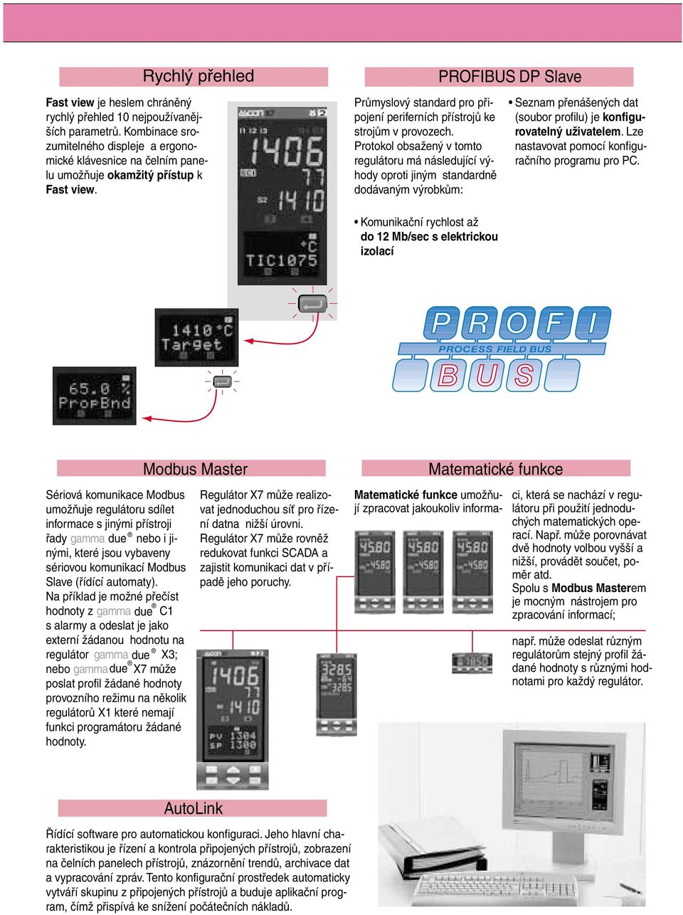 Protokol obsažený v tomto regulátoru má následující výhody oproti jiným standardně dodávaným výrobkům: PROFIBUS DP Slave Seznam přenášených dat (soubor profilu) je konfigurovatelný uživatelem.