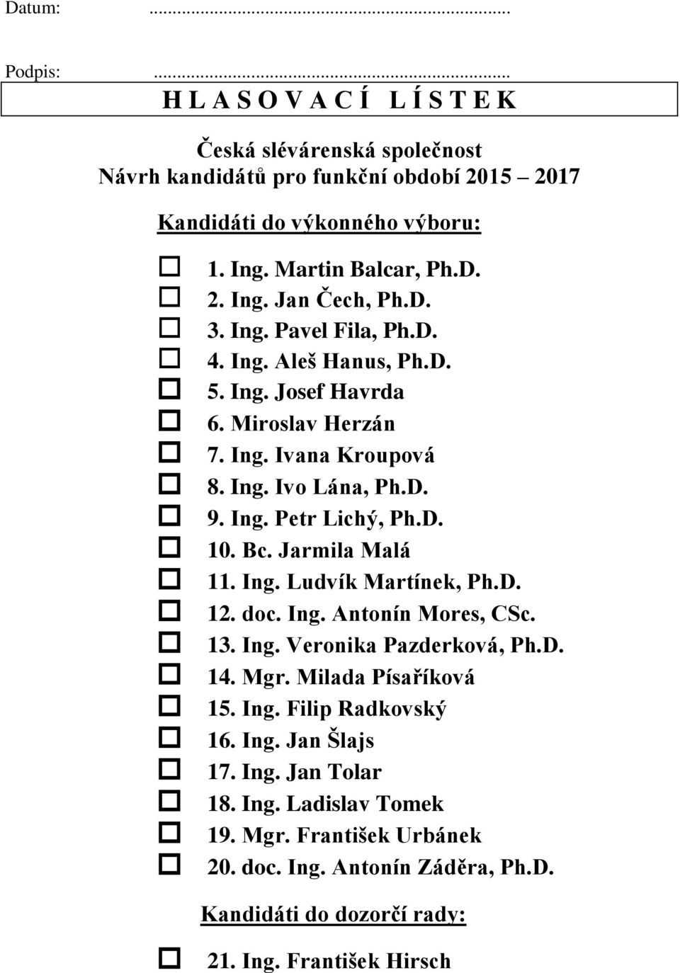 D. 10. Bc. Jarmila Malá 11. Ing. Ludvík Martínek, Ph.D. 12. doc. Ing. Antonín Mores, CSc. 13. Ing. Veronika Pazderková, Ph.D. 14. Mgr. Milada Písaříková 15. Ing. Filip Radkovský 16.