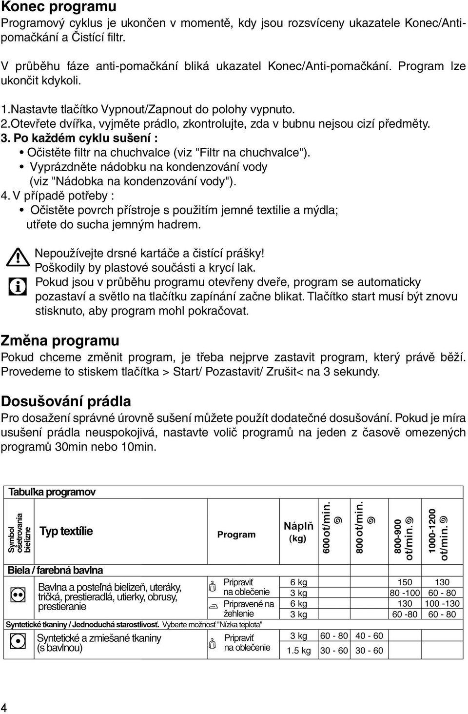 Po každém cyklu sušení : Očistěte filtr na chuchvalce (viz "Filtr na chuchvalce"). Vyprázdněte nádobku na kondenzování vody (viz "Nádobka na kondenzování vody"). 4.