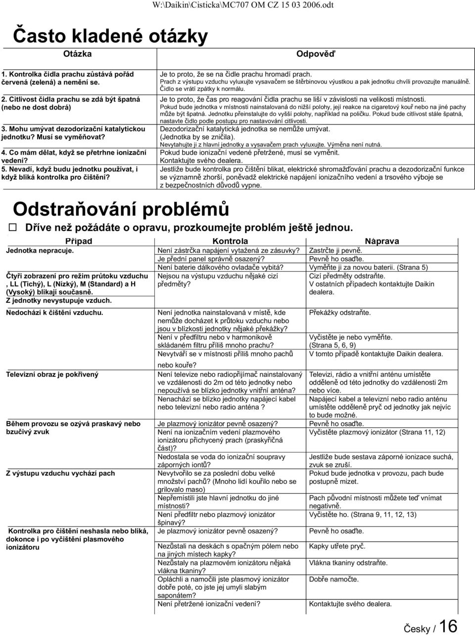 Pokud bude jednotka v místnosti nainstalovaná do nižší polohy, její reakce na cigaretový kou nebo na jiné pachy mže být špatná. Jednotku peinstalujte do vyšší polohy, napíklad na poliku.