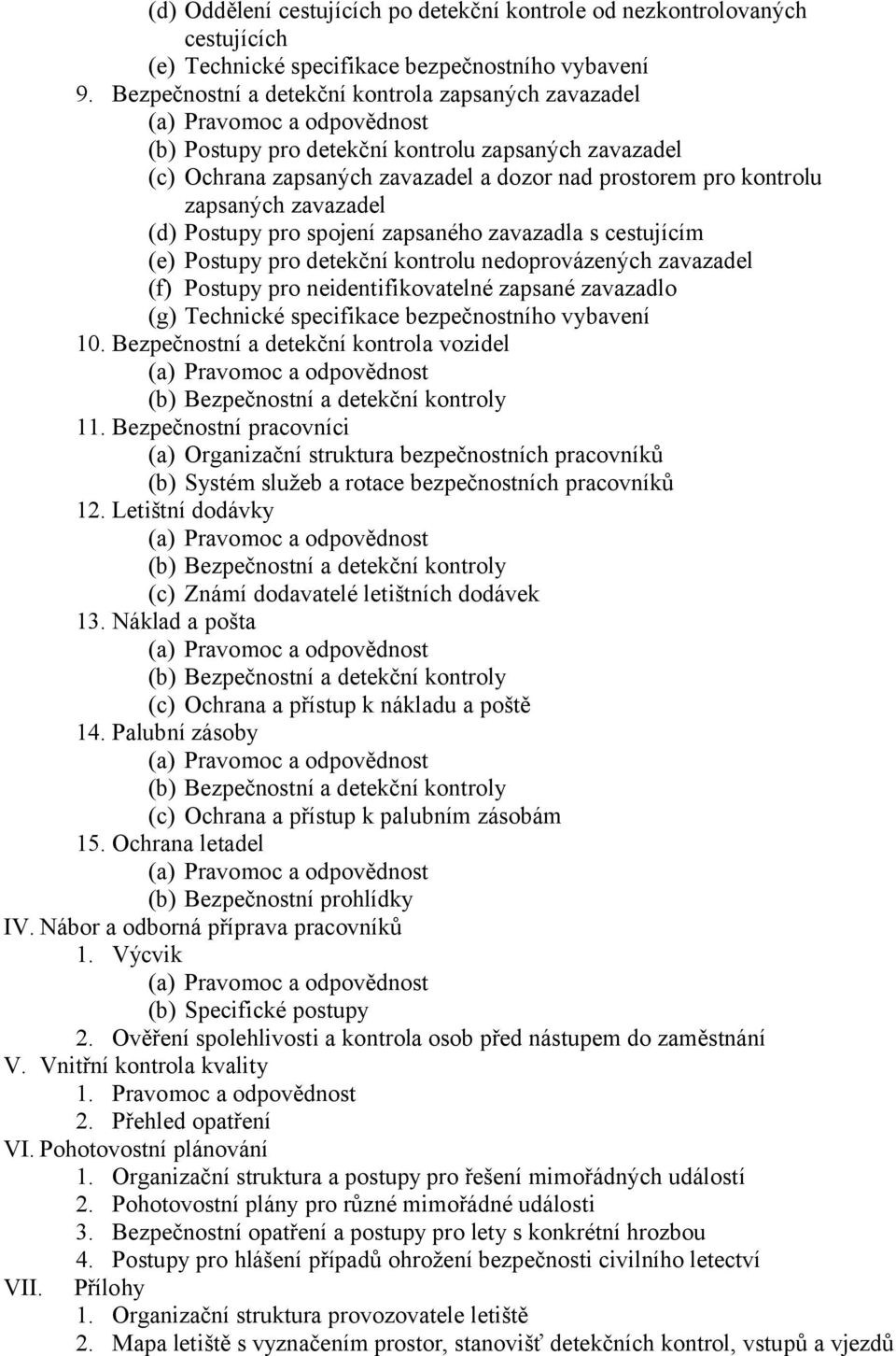 Postupy pro spojení zapsaného zavazadla s cestujícím (e) Postupy pro detekční kontrolu nedoprovázených zavazadel (f) Postupy pro neidentifikovatelné zapsané zavazadlo (g) Technické specifikace