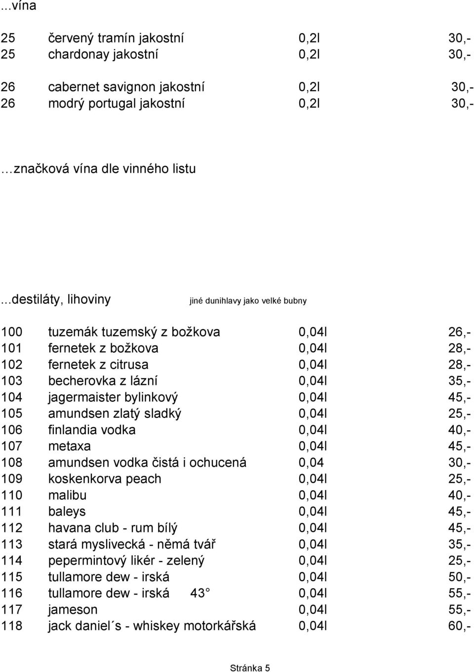 ..destiláty, lihoviny jiné dunihlavy jako velké bubny 100 tuzemák tuzemský z božkova z 0,04l 26,- 101 fernetek z božkova z 0,04l 28,- 102 fernetek z citrusa z 0,04l 28,- 103 becherovka z lázní z