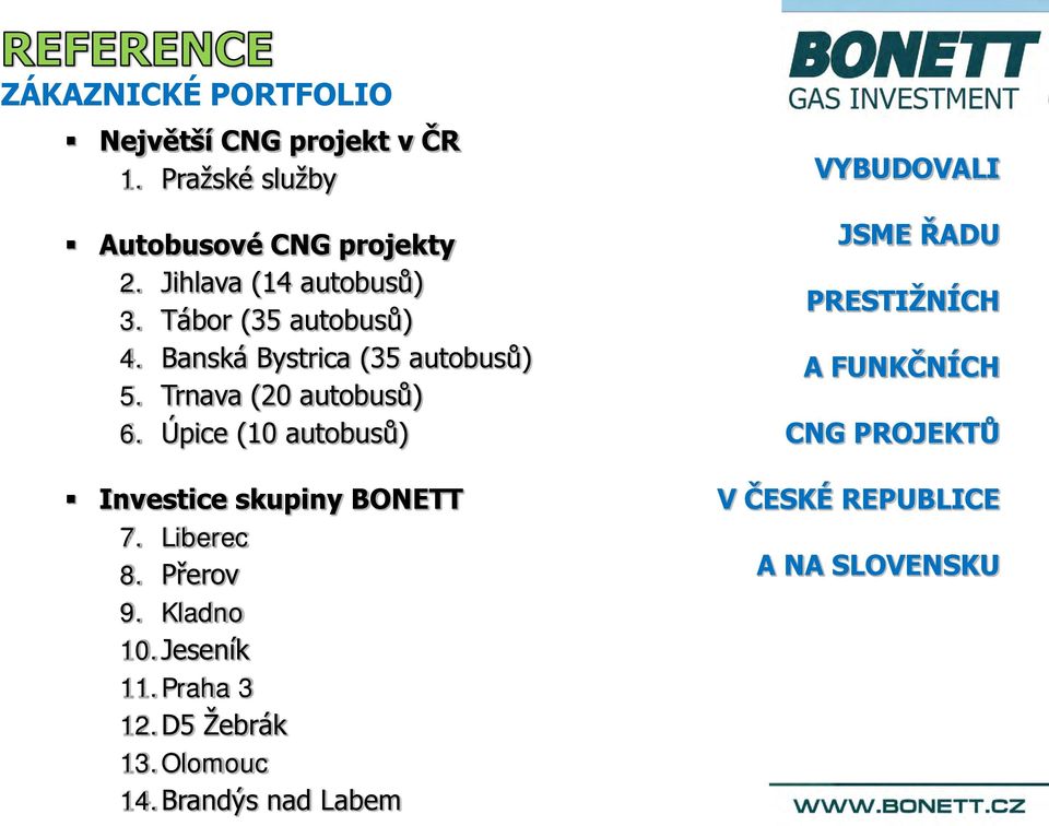 Úpice (10 autobusů) Investice skupiny BONETT 7. Liberec 8. Přerov 9. Kladno 10.Jeseník 11.Praha 3 12.