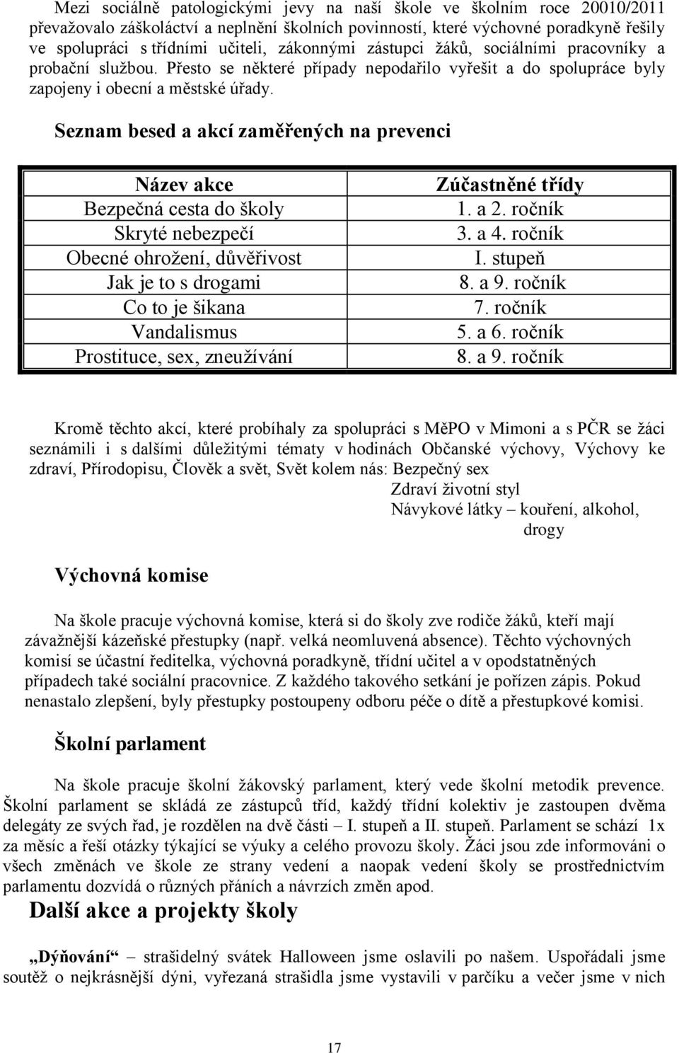 Seznam besed a akcí zaměřených na prevenci Název akce Bezpečná cesta do školy Skryté nebezpečí Obecné ohroţení, důvěřivost Jak je to s drogami Co to je šikana Vandalismus Prostituce, sex, zneuţívání