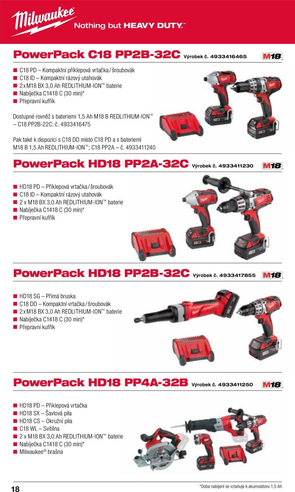 bateriemi 1,5 Ah M18 B REDLITHIUM-ION C18 PP2B-22C: č. 4933416475 Pak také k dispozici s C18 DD místo C18 PD a s bateriemi M18 B 1,5 Ah REDLITHIUM-ION ; C18 PP2A č.