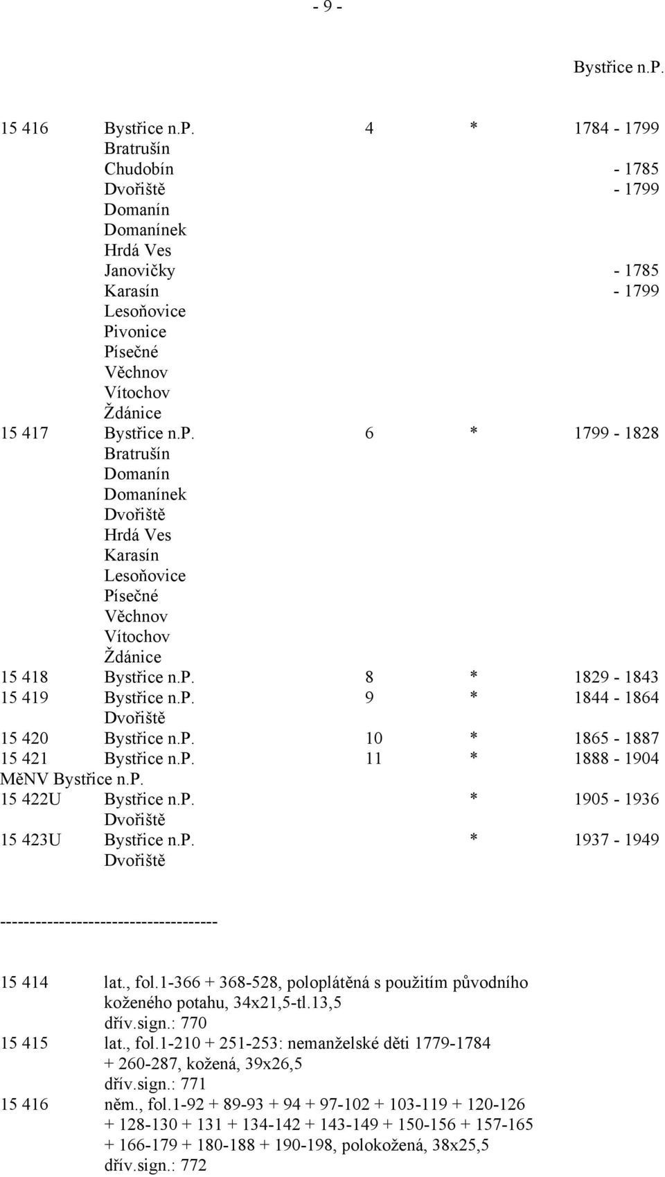 4 * 1784-1799 Bratrušín Chudobín - 1785 Dvořiště - 1799 Domanín Domanínek Hrdá Ves Janovičky - 1785 Karasín - 1799 Lesoňovice Pivonice Písečné Věchnov Vítochov Ždánice 15 417 Bystřice n.p.