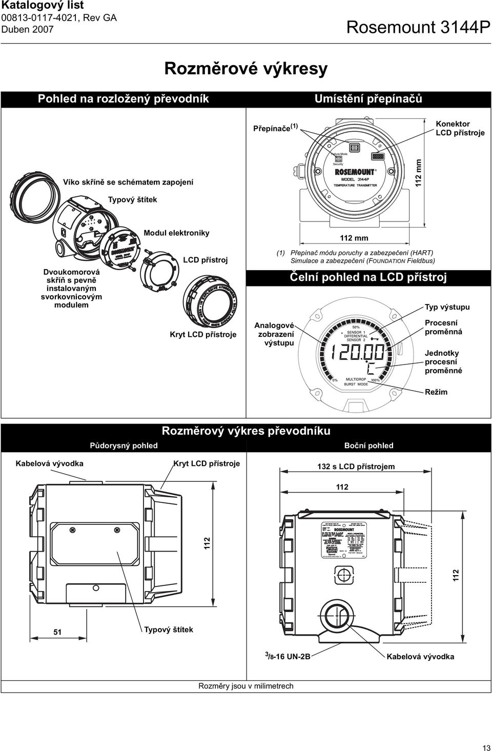 ení (FOUNDATION Fieldbus) elní pohled na LCD p ístroj Typ výstupu Kryt LCD p ístroje Analogové zobrazení výstupu Procesní prom nná Jednotky procesní prom nné Režim P dorysný