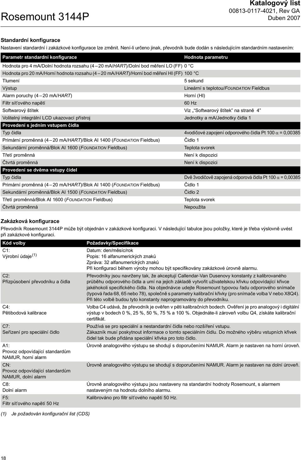 ení LO (FF) 0 C Hodnota pro 20 ma/horní hodnota rozsahu (4 20 ma/hart)/horní bod m ení HI (FF) 100 C Tlumení 5 sekund Výstup Lineární s teplotou/foundation Fieldbus Alarm poruchy (4 20 ma/hart) Horní