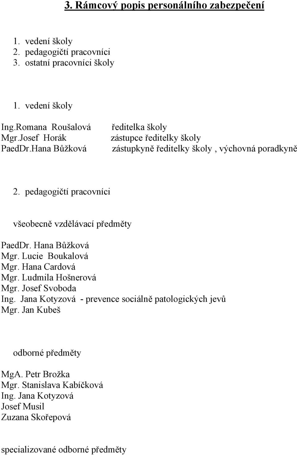 pedagogičtí pracovníci všeobecně vzdělávací předměty PaedDr. Hana Bůžková Mgr. Lucie Boukalová Mgr. Hana Cardová Mgr. Ludmila Hošnerová Mgr. Josef Svoboda Ing.