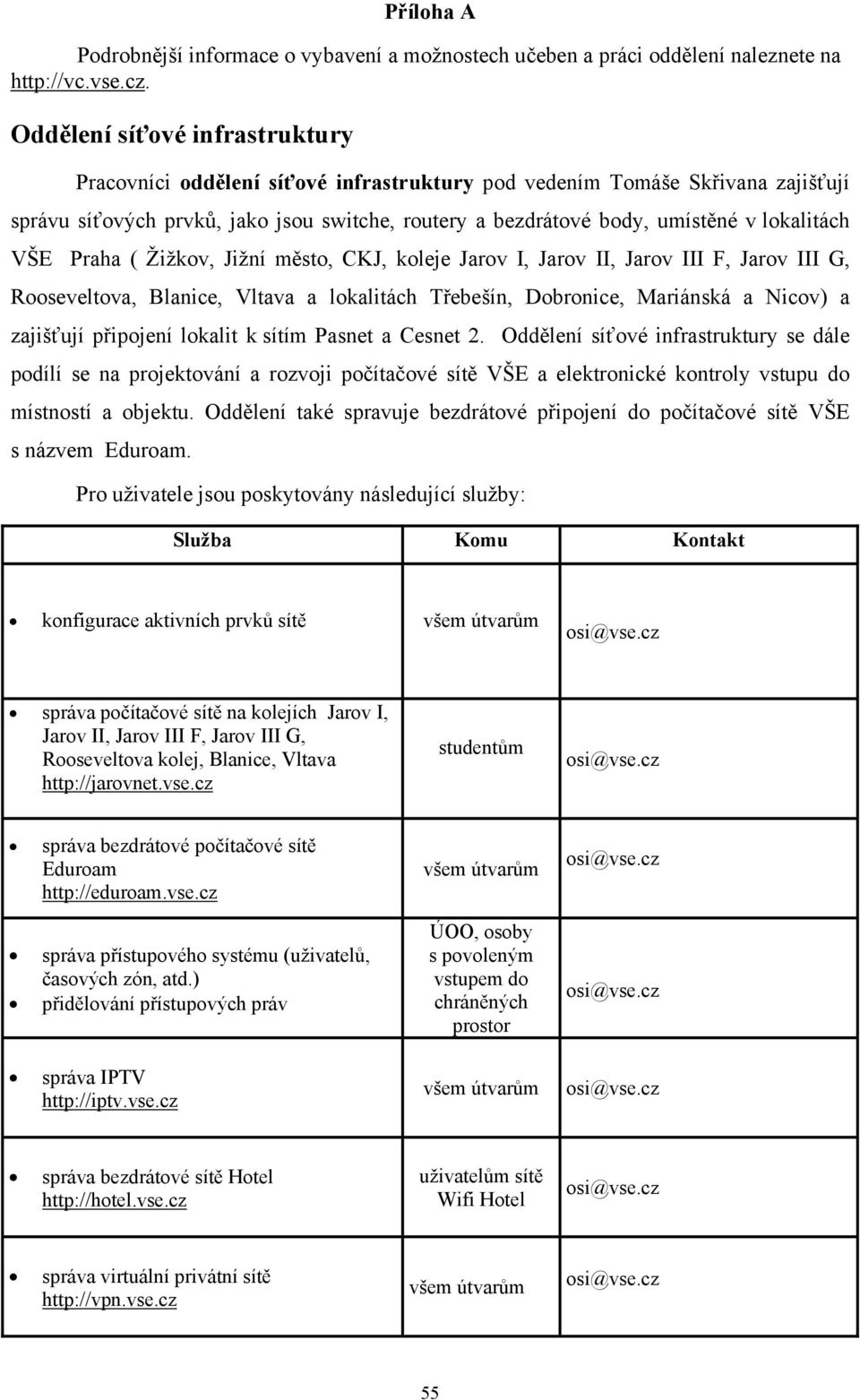 lokalitách VŠE Praha ( Žižkov, Jižní město, CKJ, koleje Jarov I, Jarov II, Jarov III F, Jarov III G, Rooseveltova, Blanice, Vltava a lokalitách Třebešín, Dobronice, Mariánská a Nicov) a zajišťují