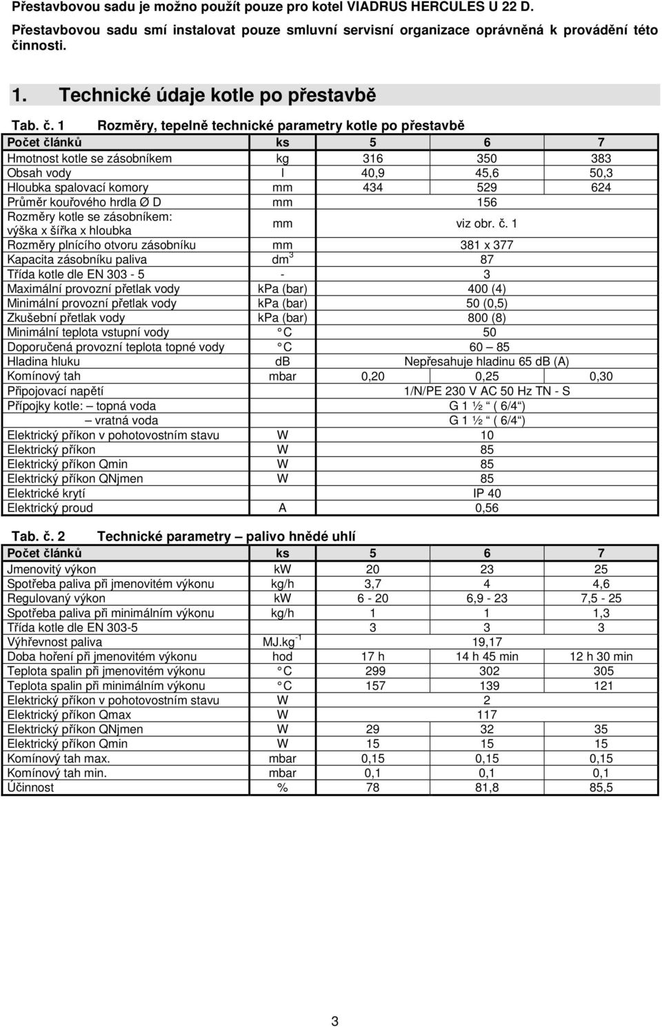 1 Rozměry, tepelně technické parametry kotle po přestavbě Počet článků ks 5 6 7 Hmotnost kotle se zásobníkem kg 316 350 383 Obsah vody l 40,9 45,6 50,3 Hloubka spalovací komory mm 434 529 624 Průměr