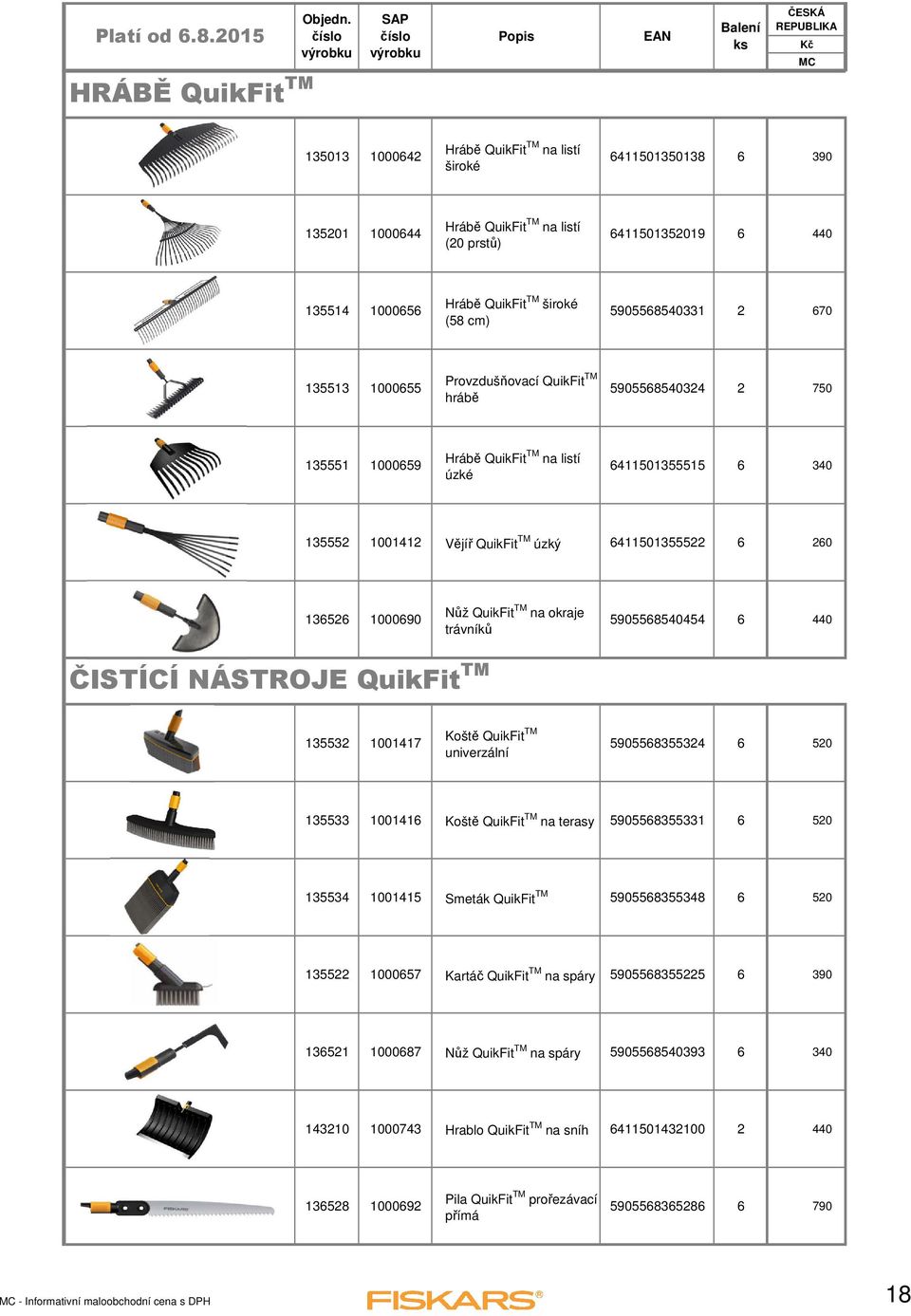 6411501355522 6 260 136526 1000690 Nůž QuikFit TM na okraje trávníků 5905568540454 6 440 ČISTÍCÍ NÁSTROJE QuikFit TM 135532 1001417 Koště QuikFit TM univerzální 5905568355324 6 520 135533 1001416