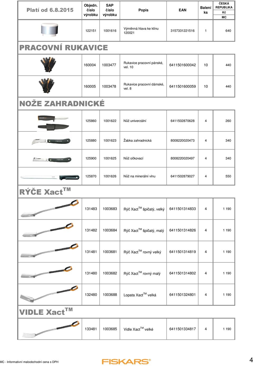 1001626 Nůž na minerální vlnu 6411502879027 4 550 RÝČE Xact TM 131483 1003683 Rýč Xact TM špičatý, velký 6411501314833 4 1 190 131482 1003684 Rýč Xact TM špičatý, malý 6411501314826 4 1 190 131481