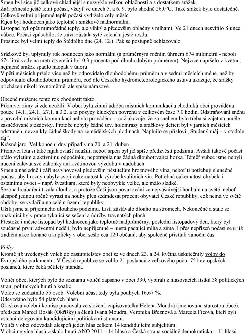 Ve 21 dnech nesvítilo Slunce vůbec. Počasí způsobilo, že tráva zůstala sytě zelená a ještě rostla. Prosinec byl velmi teplý do Štědrého dne (24. 12.). Pak se postupně ochlazovalo.