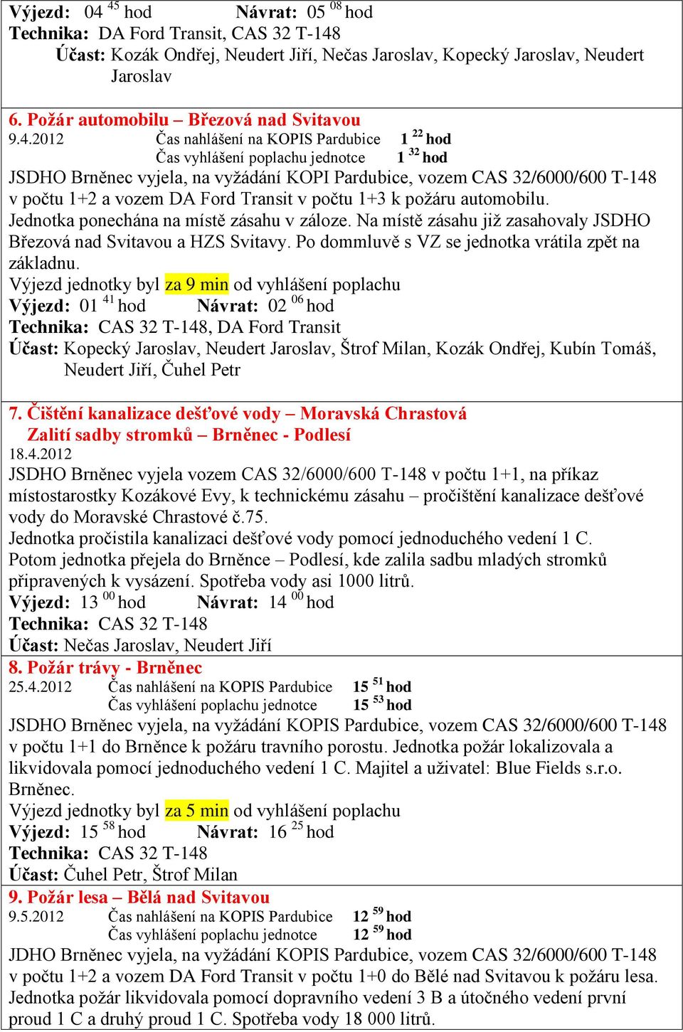 2012 Čas nahlášení na KOPIS Pardubice 1 22 hod Čas vyhlášení poplachu jednotce 1 32 hod JSDHO Brněnec vyjela, na vyžádání KOPI Pardubice, vozem CAS 32/6000/600 T-148 v počtu 1+2 a vozem DA Ford